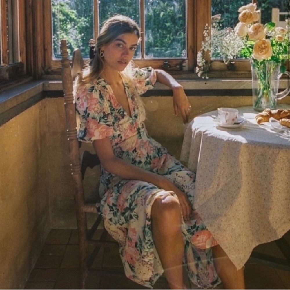 Faithfull The Brand Yellow Floral Marie Louise Dainty Midi Dress Size 6